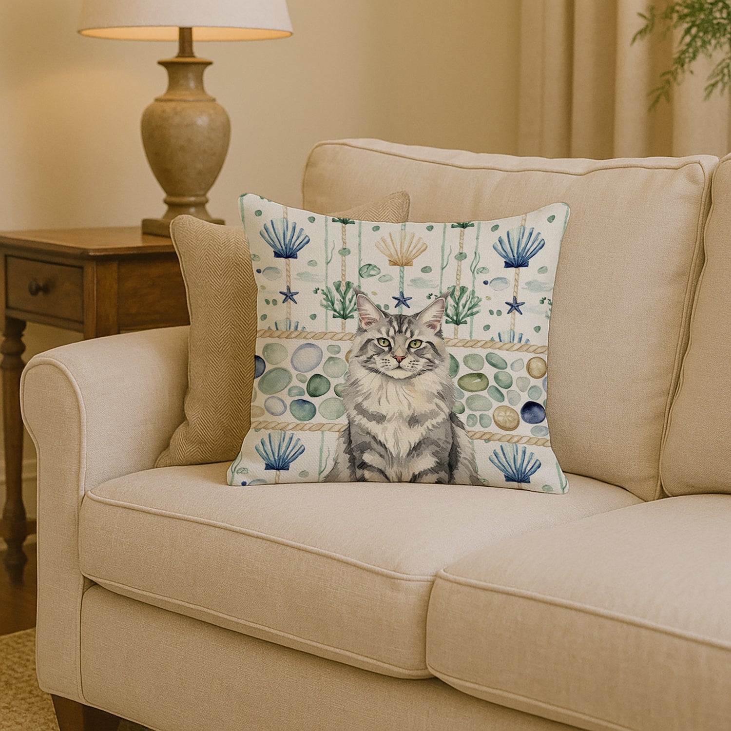 MaineCoon Silver Tabby Cat Coastal Sea Glass Decorative Throw Pillow 14x14 Indoor Outdoor Accent Cushion, Fabric Cover with Insert for Sofa, Bed, Porch & Living Room
