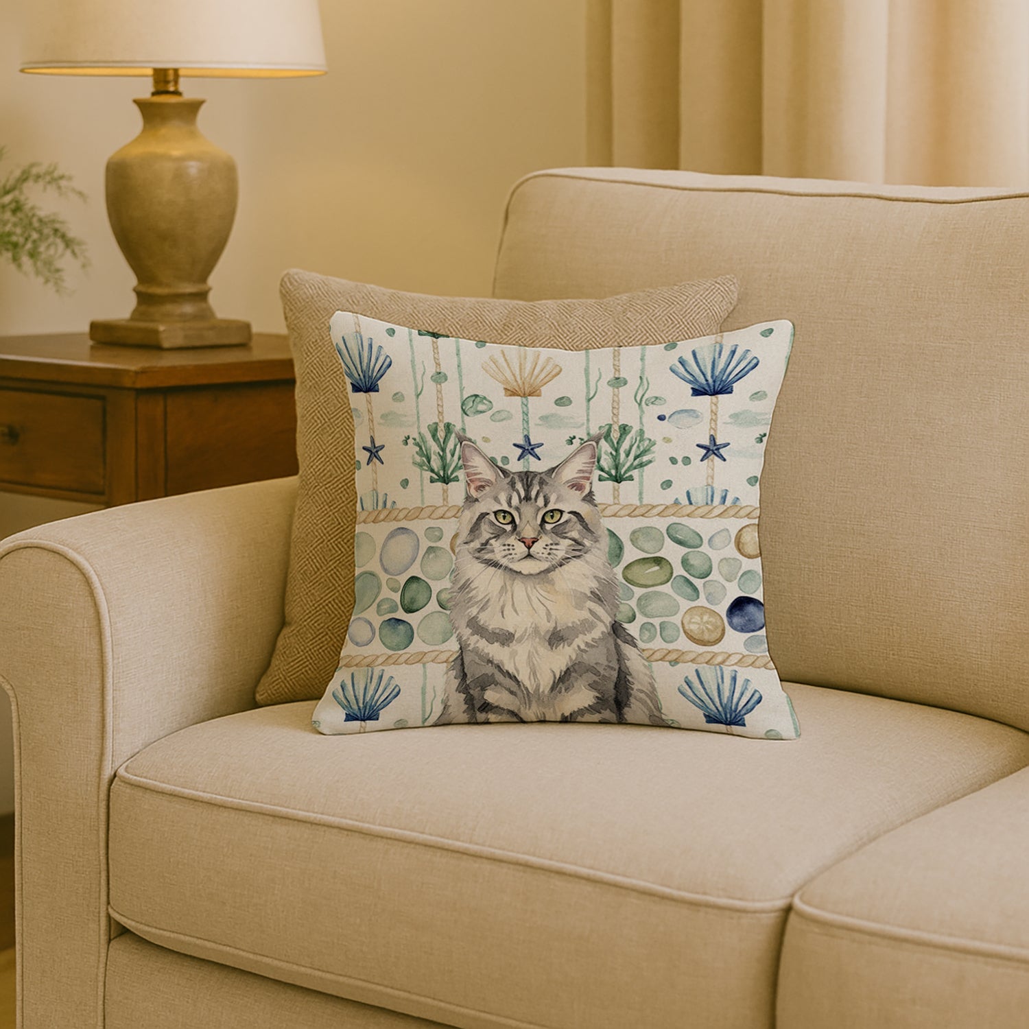 MaineCoon Silver Tabby Cat Coastal Sea Glass Decorative Throw Pillow 18x18 Indoor Outdoor Accent Cushion, Fabric Cover with Insert for Sofa, Bed, Porch & Living Room