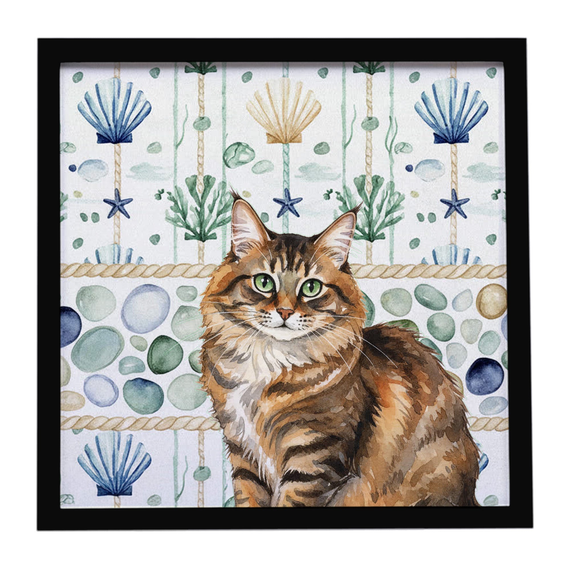 Norwegian Forest Cat Brown Tabby Cat Coastal Sea Glass Framed Metal Print Bathroom, Kitchen, Office, Home Decor Wall Art Ready to Hang, Square, 8X8