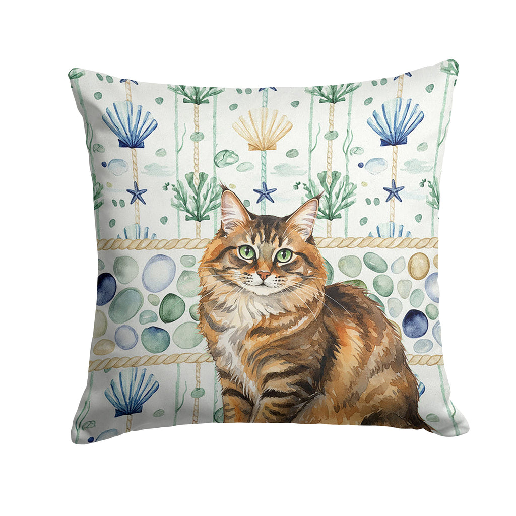 Norwegian Forest Cat Brown Tabby Cat Coastal Sea Glass Decorative Throw Pillow 14x14 Indoor Outdoor Accent Cushion, Fabric Cover with Insert for Sofa, Bed, Porch & Living Room