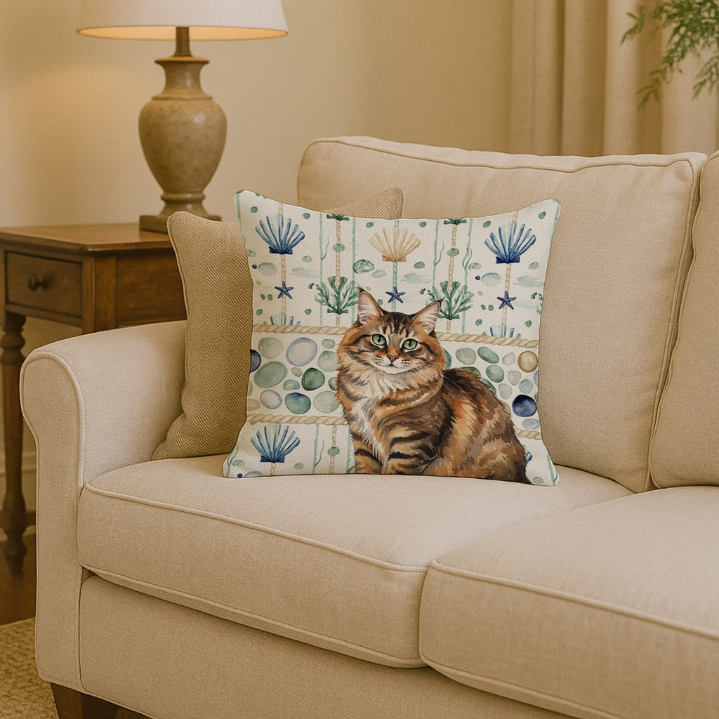 Norwegian Forest Cat Brown Tabby Cat Coastal Sea Glass Decorative Throw Pillow 14x14 Indoor Outdoor Accent Cushion, Fabric Cover with Insert for Sofa, Bed, Porch & Living Room