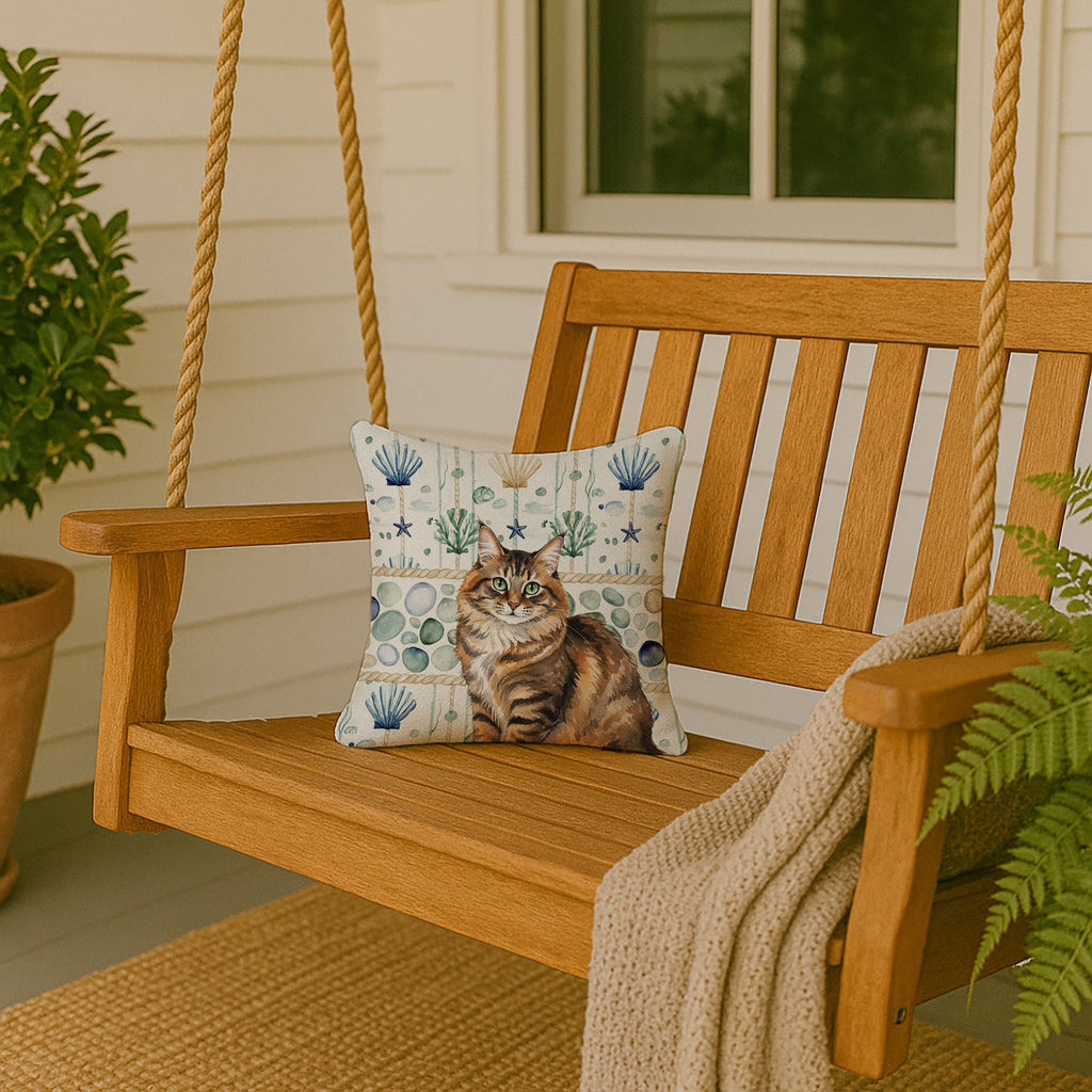 Norwegian Forest Cat Brown Tabby Cat Coastal Sea Glass Decorative Throw Pillow 14x14 Indoor Outdoor Accent Cushion, Fabric Cover with Insert for Sofa, Bed, Porch & Living Room