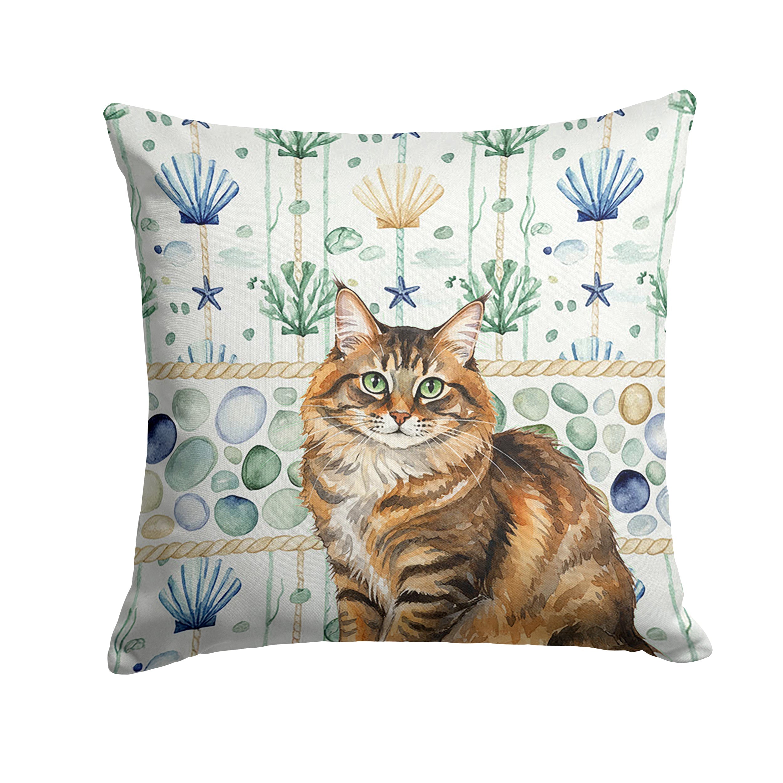 Norwegian Forest Cat Brown Tabby Cat Coastal Sea Glass Decorative Throw Pillow 18x18 Indoor Outdoor Accent Cushion, Fabric Cover with Insert for Sofa, Bed, Porch & Living Room