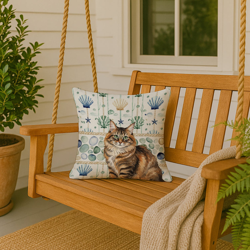 Norwegian Forest Cat Brown Tabby Cat Coastal Sea Glass Decorative Throw Pillow 18x18 Indoor Outdoor Accent Cushion, Fabric Cover with Insert for Sofa, Bed, Porch & Living Room