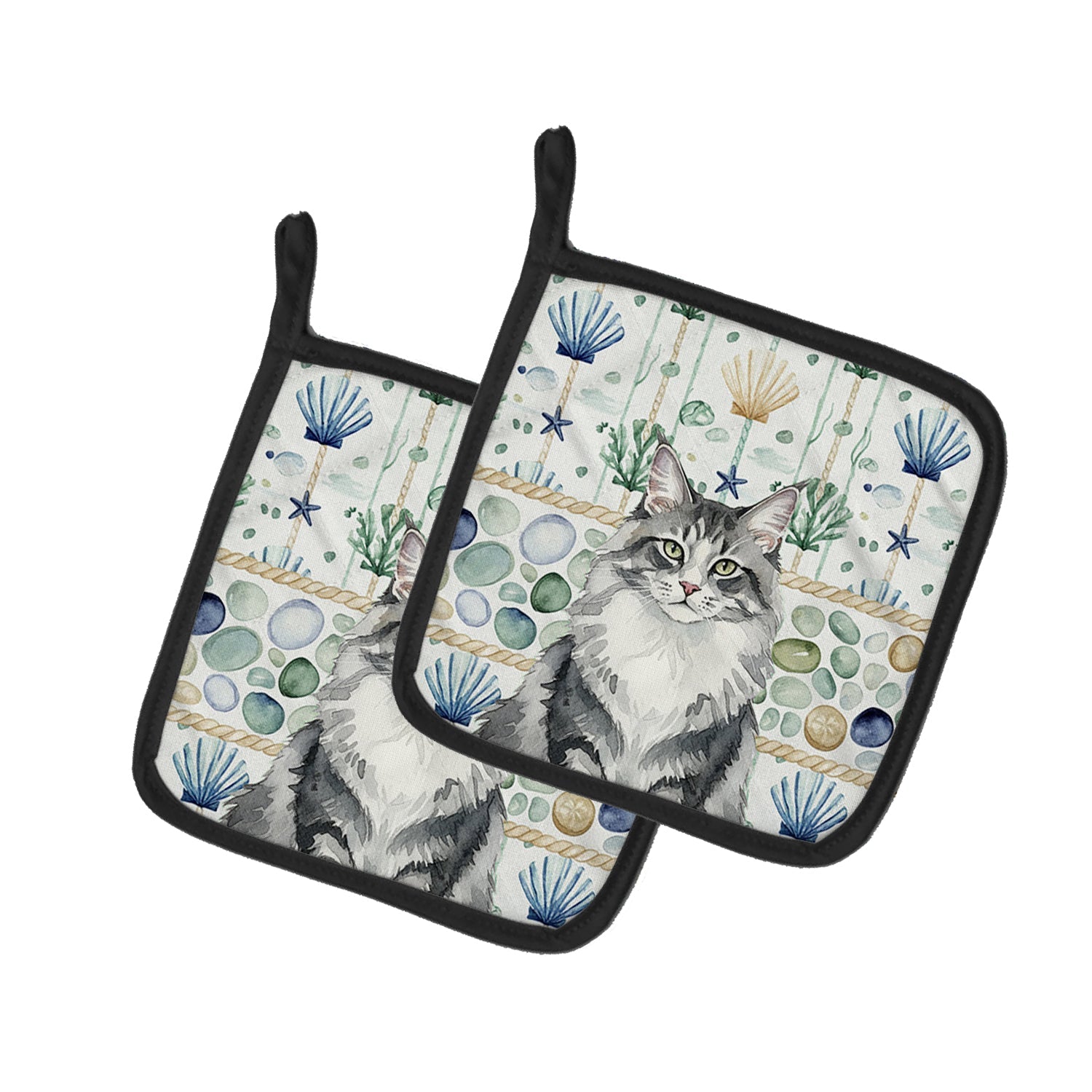 Norwegian Forest Cat Gray and White Cat Coastal Sea Glass Pot Holder Set of 2 Heat Resistant Quilted Hot Pads 7.5 x 7.5 Inch, Insulated Kitchen Trivets for Cooking & Baking