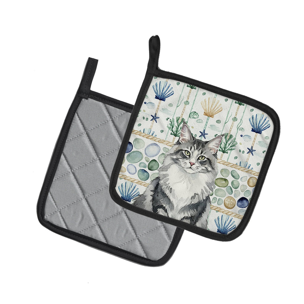 Norwegian Forest Cat Gray and White Cat Coastal Sea Glass Pot Holder Set of 2 Heat Resistant Quilted Hot Pads 7.5 x 7.5 Inch, Insulated Kitchen Trivets for Cooking & Baking