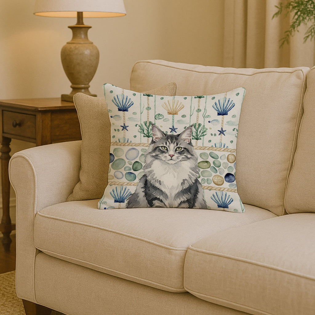Norwegian Forest Cat Gray and White Cat Coastal Sea Glass Decorative Throw Pillow 14x14 Indoor Outdoor Accent Cushion, Fabric Cover with Insert for Sofa, Bed, Porch & Living Room