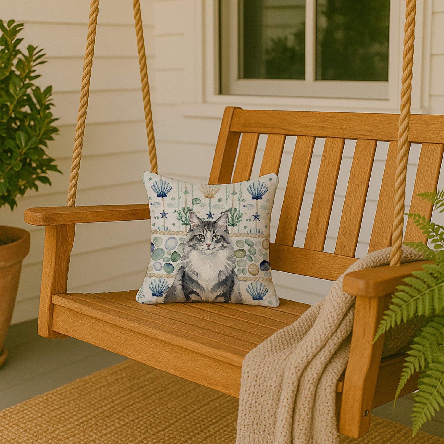Norwegian Forest Cat Gray and White Cat Coastal Sea Glass Decorative Throw Pillow 14x14 Indoor Outdoor Accent Cushion, Fabric Cover with Insert for Sofa, Bed, Porch & Living Room