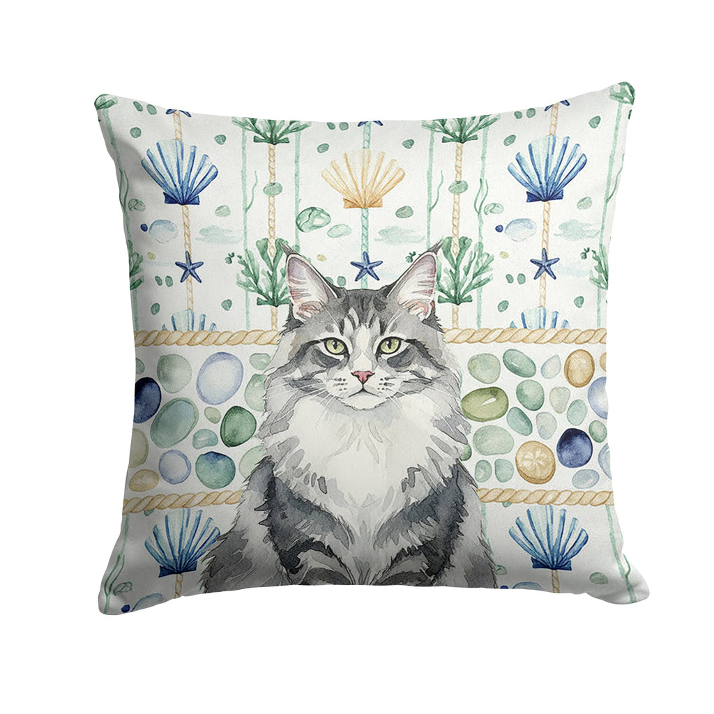 Norwegian Forest Cat Gray and White Cat Coastal Sea Glass Decorative Throw Pillow 18x18 Indoor Outdoor Accent Cushion, Fabric Cover with Insert for Sofa, Bed, Porch & Living Room