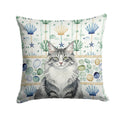 Norwegian Forest Cat Gray and White Cat Coastal Sea Glass Decorative Throw Pillow 18x18 Indoor Outdoor Accent Cushion, Fabric Cover with Insert for Sofa, Bed, Porch & Living Room
