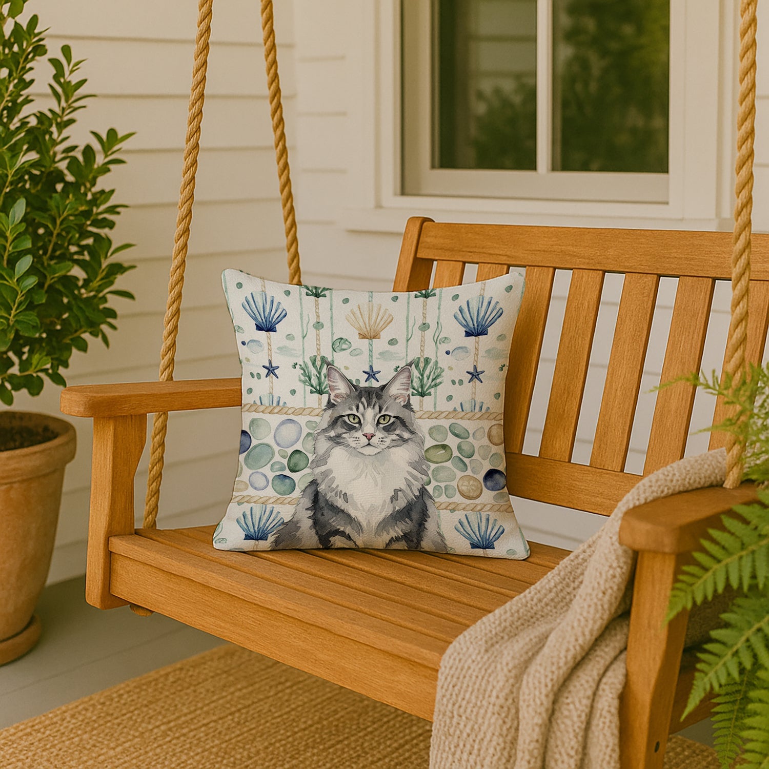 Norwegian Forest Cat Gray and White Cat Coastal Sea Glass Decorative Throw Pillow 18x18 Indoor Outdoor Accent Cushion, Fabric Cover with Insert for Sofa, Bed, Porch & Living Room