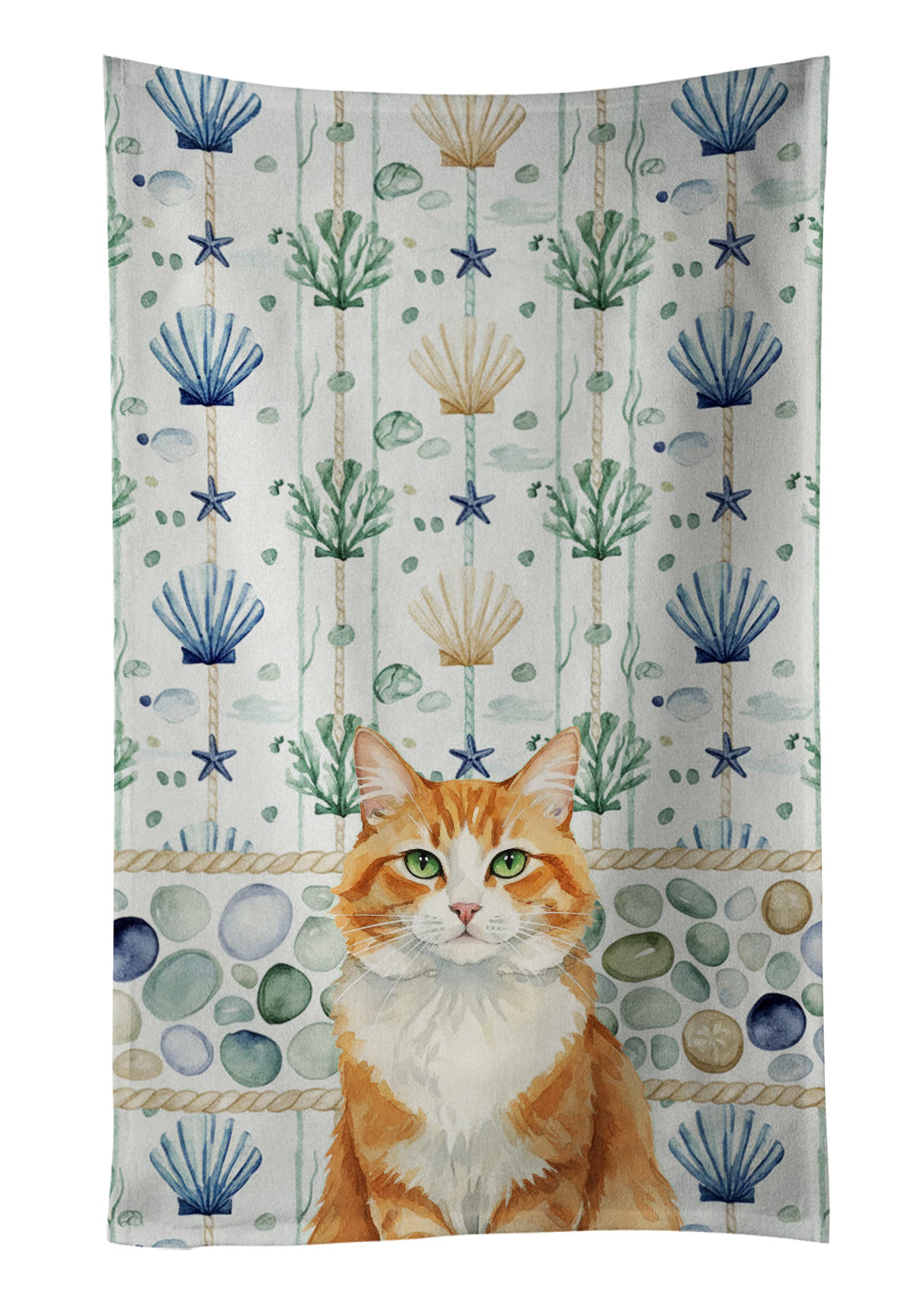Orange and White Cat Coastal Sea Glass Kitchen Towel Velour Plush Front and Cotton Loop Back Machine Washable