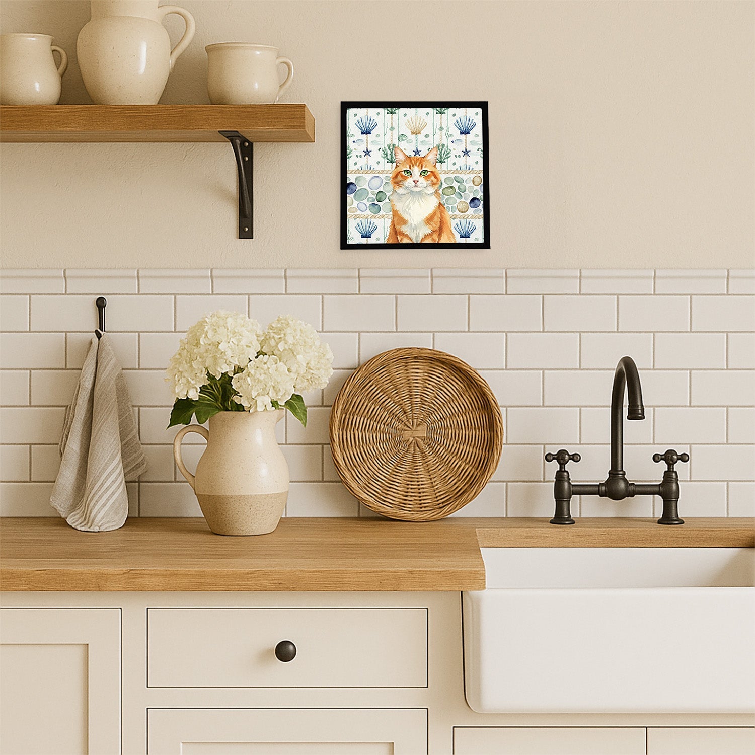 Orange and White Cat Coastal Sea Glass Framed Metal Print Bathroom, Kitchen, Office, Home Decor Wall Art Ready to Hang, Square, 8X8