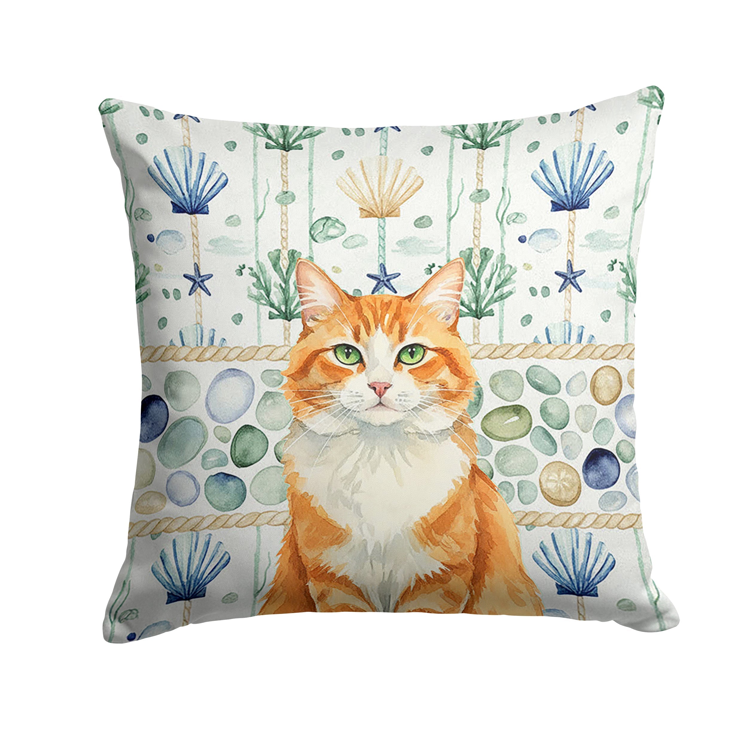 Orange and White Cat Coastal Sea Glass Decorative Throw Pillow 14x14 Indoor Outdoor Accent Cushion, Fabric Cover with Insert for Sofa, Bed, Porch & Living Room