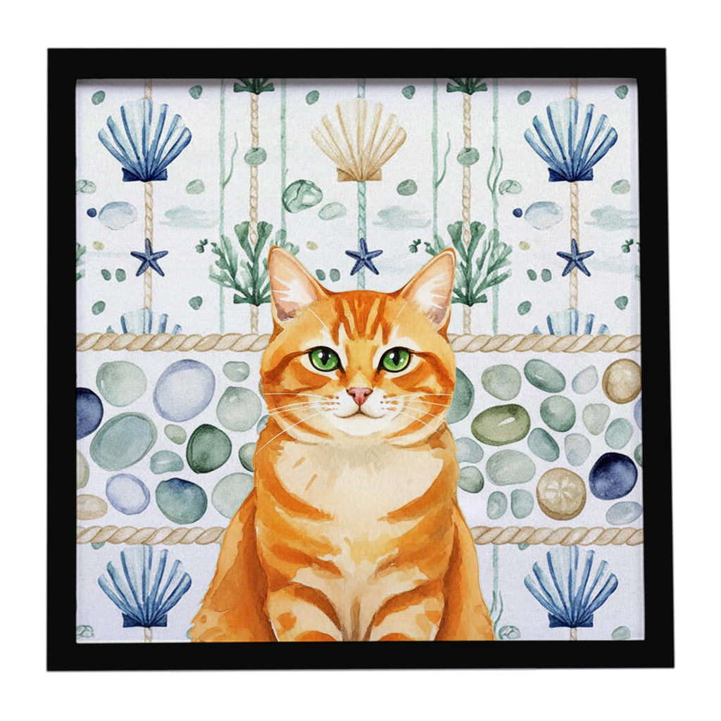 Orange Classic Tabby Cat Coastal Sea Glass Framed Metal Print Bathroom, Kitchen, Office, Home Decor Wall Art Ready to Hang, Square, 8X8