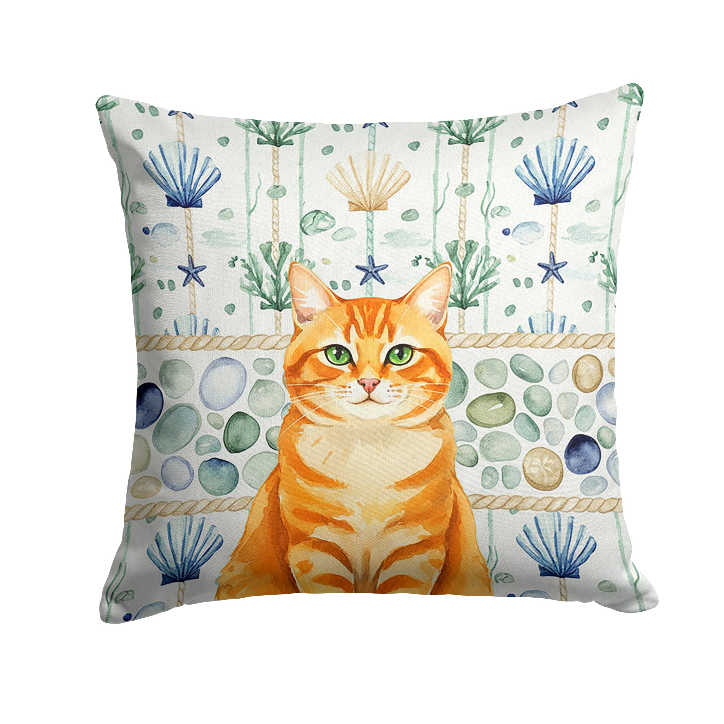 Orange Classic Tabby Cat Coastal Sea Glass Decorative Throw Pillow 18x18 Indoor Outdoor Accent Cushion, Fabric Cover with Insert for Sofa, Bed, Porch & Living Room