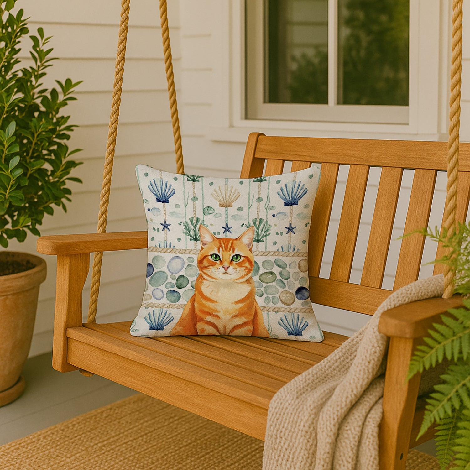 Orange Classic Tabby Cat Coastal Sea Glass Decorative Throw Pillow 18x18 Indoor Outdoor Accent Cushion, Fabric Cover with Insert for Sofa, Bed, Porch & Living Room