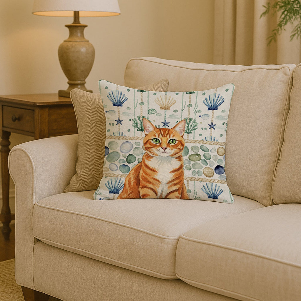 Orange Mackerel Tabby Cat Coastal Sea Glass Decorative Throw Pillow 14x14 Indoor Outdoor Accent Cushion, Fabric Cover with Insert for Sofa, Bed, Porch & Living Room