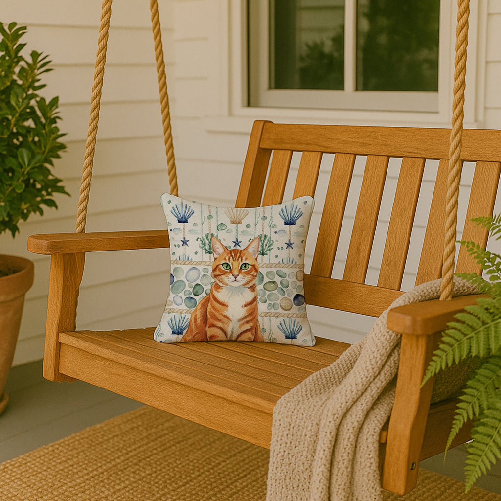 Orange Mackerel Tabby Cat Coastal Sea Glass Decorative Throw Pillow 14x14 Indoor Outdoor Accent Cushion, Fabric Cover with Insert for Sofa, Bed, Porch & Living Room