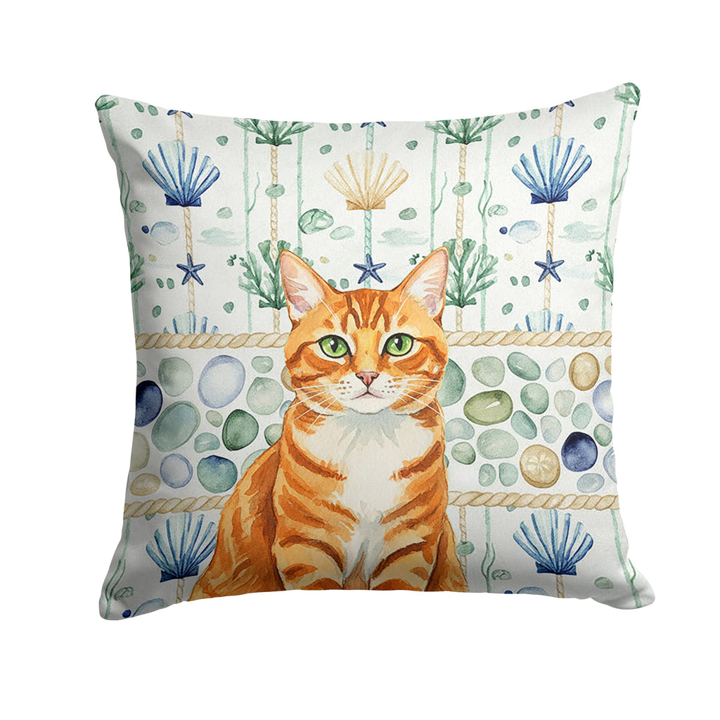 Orange Mackerel Tabby Cat Coastal Sea Glass Decorative Throw Pillow 18x18 Indoor Outdoor Accent Cushion, Fabric Cover with Insert for Sofa, Bed, Porch & Living Room
