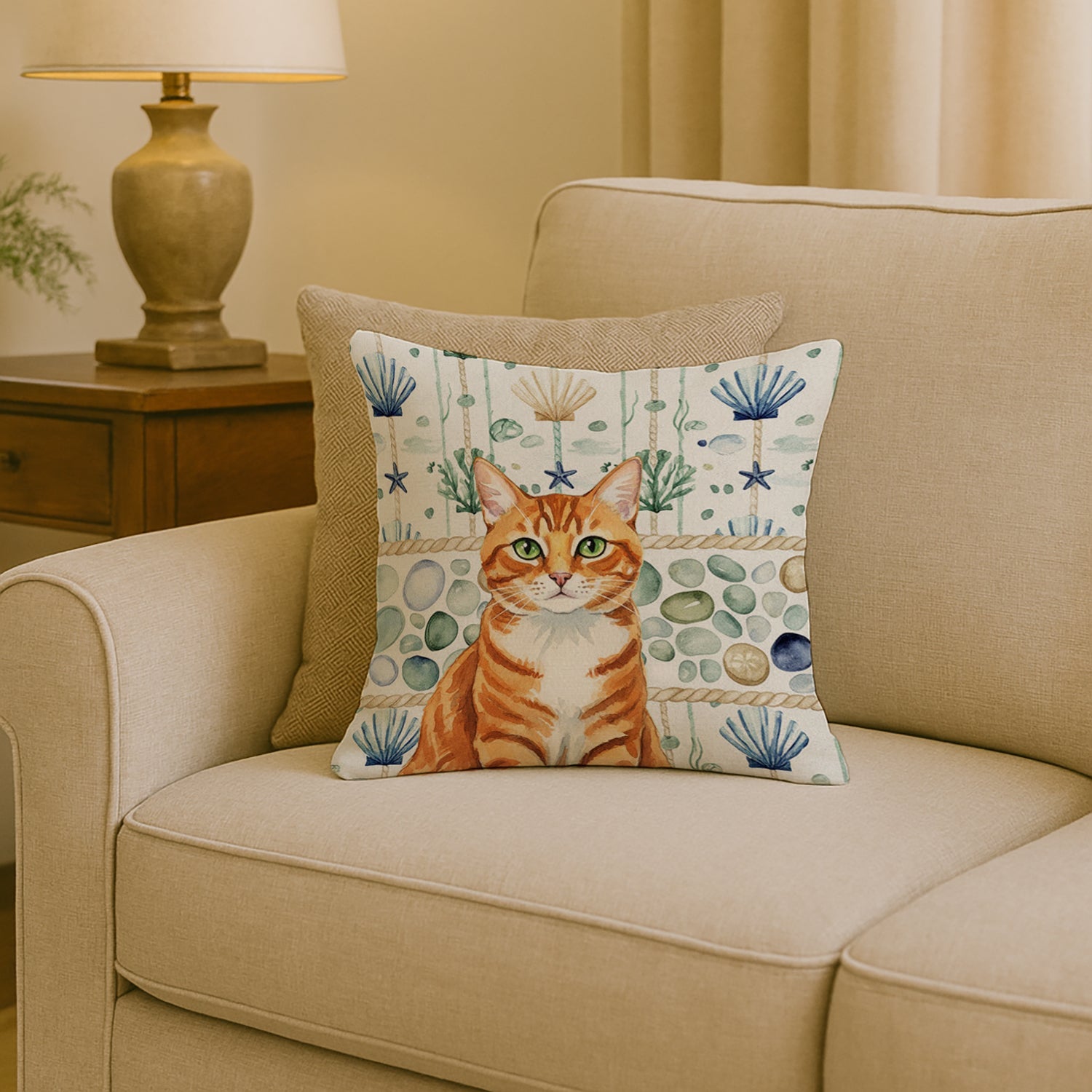 Orange Mackerel Tabby Cat Coastal Sea Glass Decorative Throw Pillow 18x18 Indoor Outdoor Accent Cushion, Fabric Cover with Insert for Sofa, Bed, Porch & Living Room