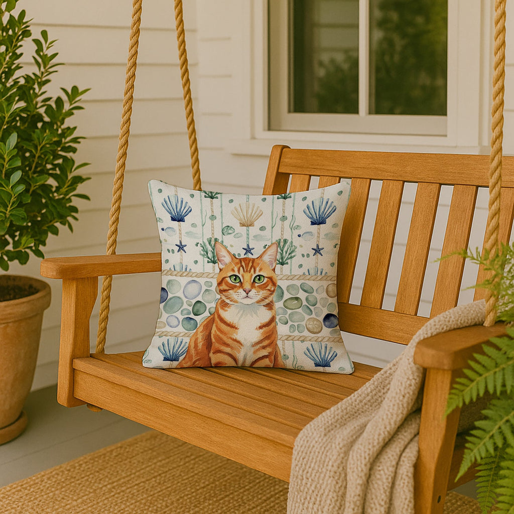 Orange Mackerel Tabby Cat Coastal Sea Glass Decorative Throw Pillow 18x18 Indoor Outdoor Accent Cushion, Fabric Cover with Insert for Sofa, Bed, Porch & Living Room