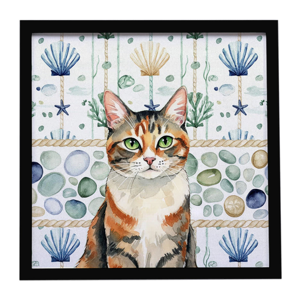 Patched Tabby Cat Coastal Sea Glass Framed Metal Print Bathroom, Kitchen, Office, Home Decor Wall Art Ready to Hang, Square, 8X8