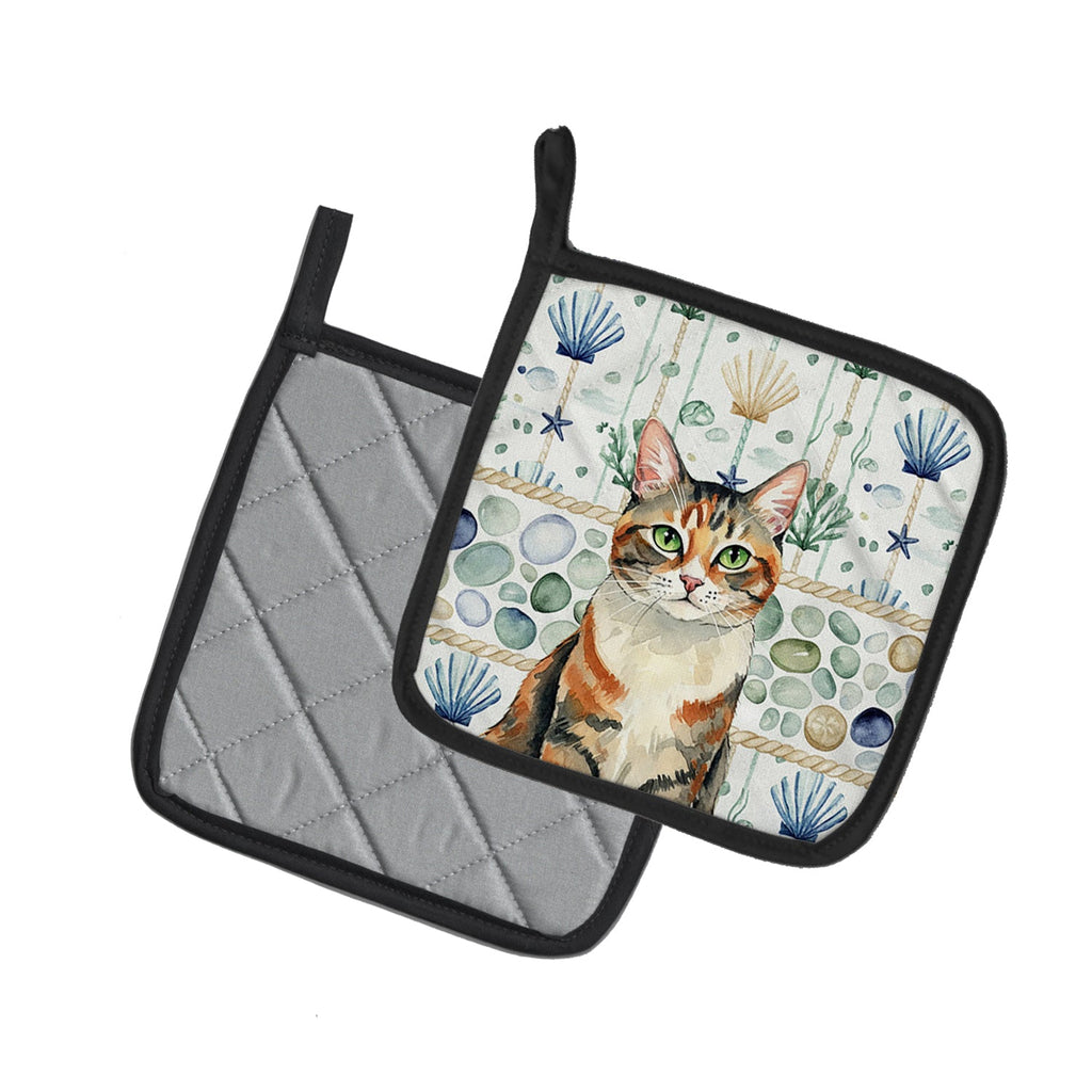 Patched Tabby Cat Coastal Sea Glass Pot Holder Set of 2 Heat Resistant Quilted Hot Pads 7.5 x 7.5 Inch, Insulated Kitchen Trivets for Cooking & Baking