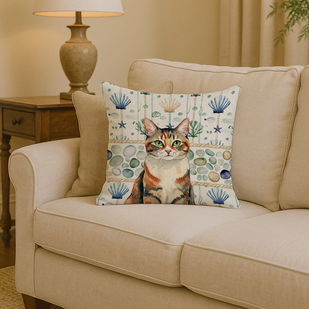 Patched Tabby Cat Coastal Sea Glass Decorative Throw Pillow 14x14 Indoor Outdoor Accent Cushion, Fabric Cover with Insert for Sofa, Bed, Porch & Living Room