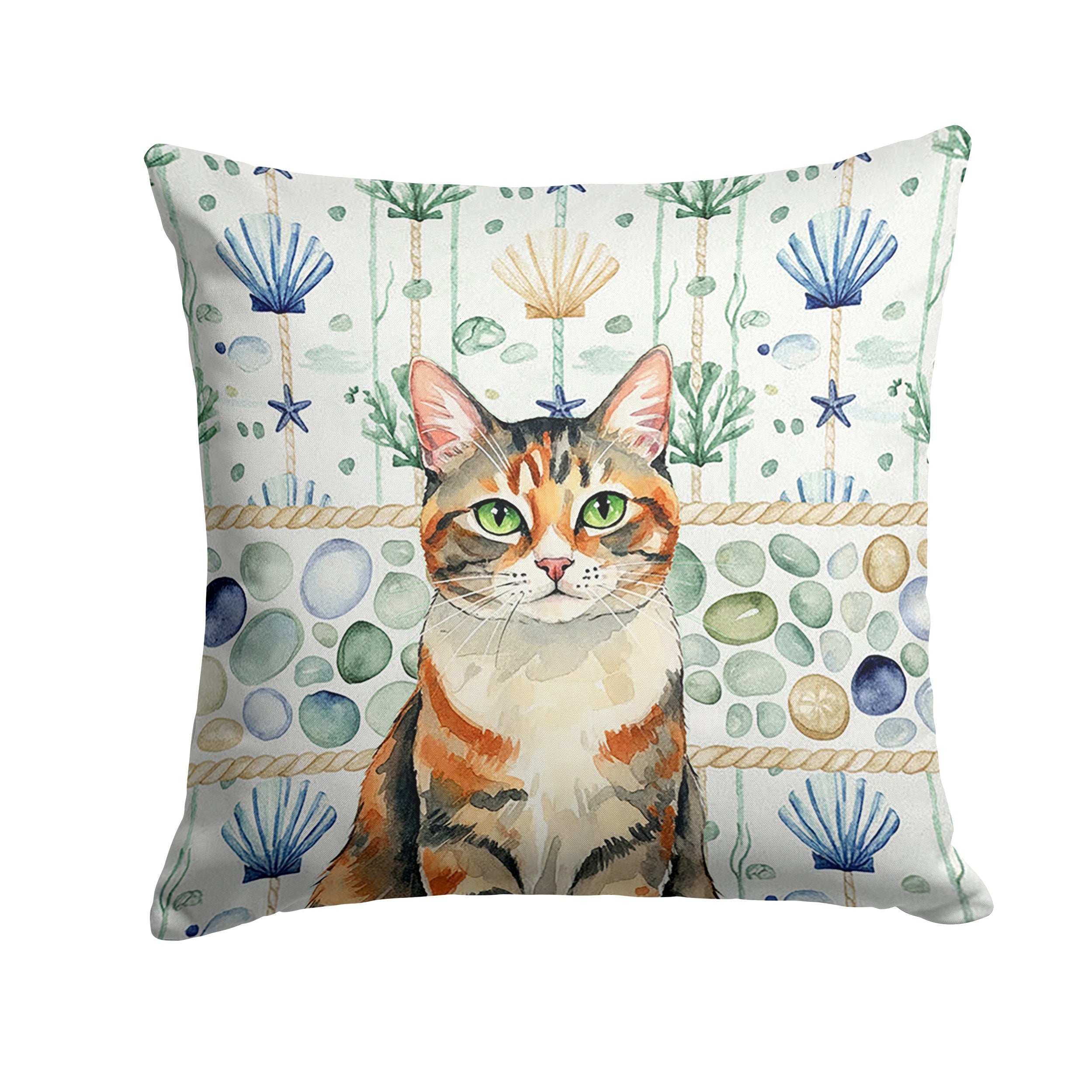 Patched Tabby Cat Coastal Sea Glass Decorative Throw Pillow 18x18 Indoor Outdoor Accent Cushion, Fabric Cover with Insert for Sofa, Bed, Porch & Living Room
