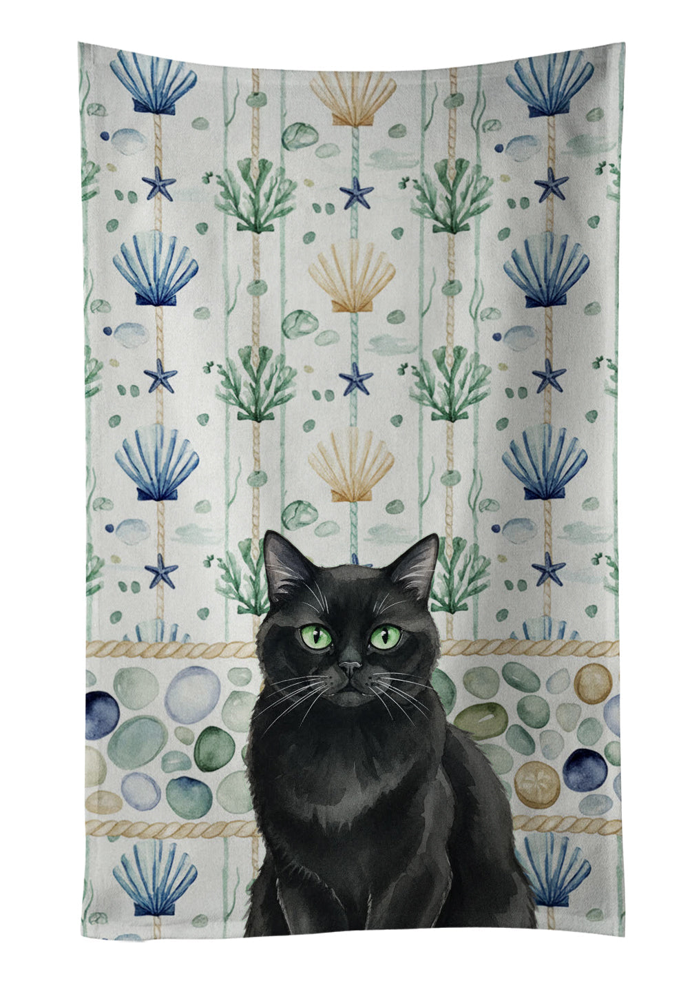 Persian Black Cat Coastal Sea Glass Kitchen Towel Velour Plush Front and Cotton Loop Back Machine Washable