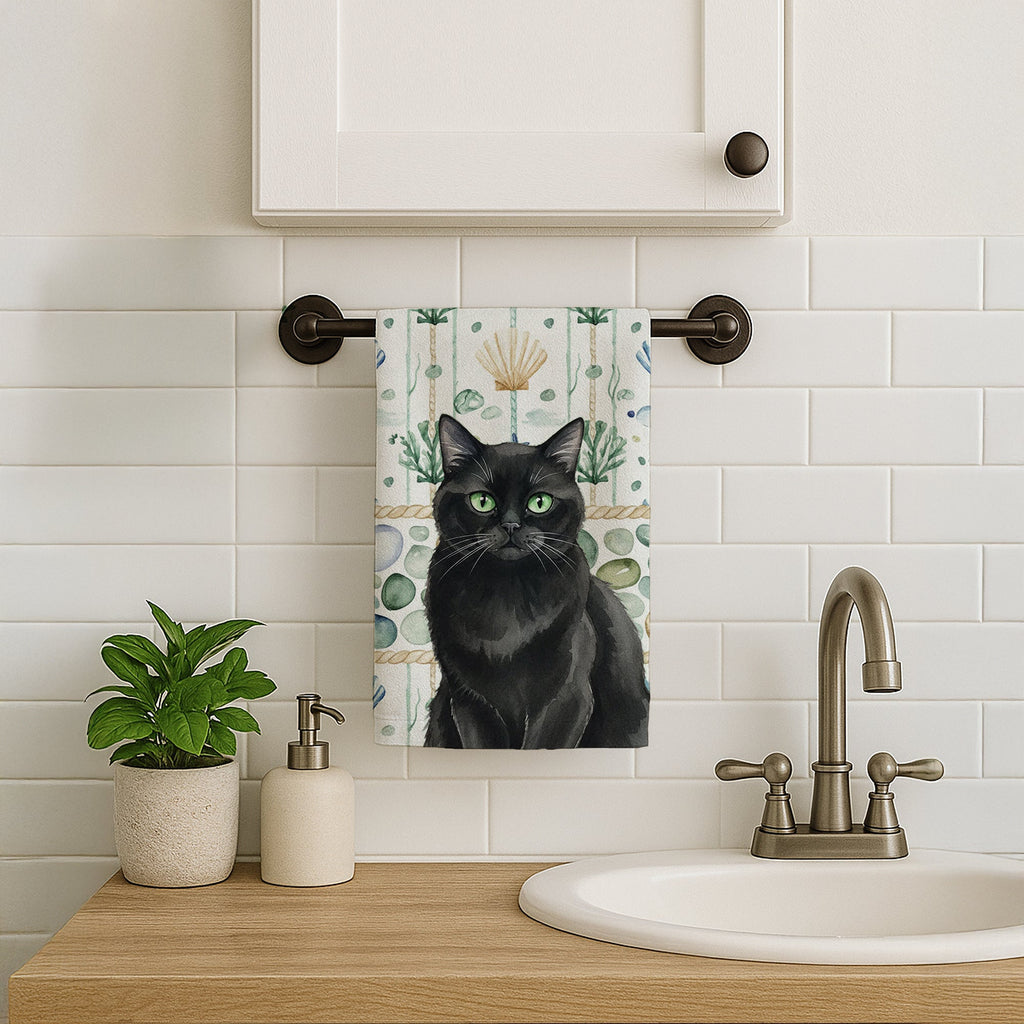 Persian Black Cat Coastal Sea Glass Kitchen Towel Velour Plush Front and Cotton Loop Back Machine Washable