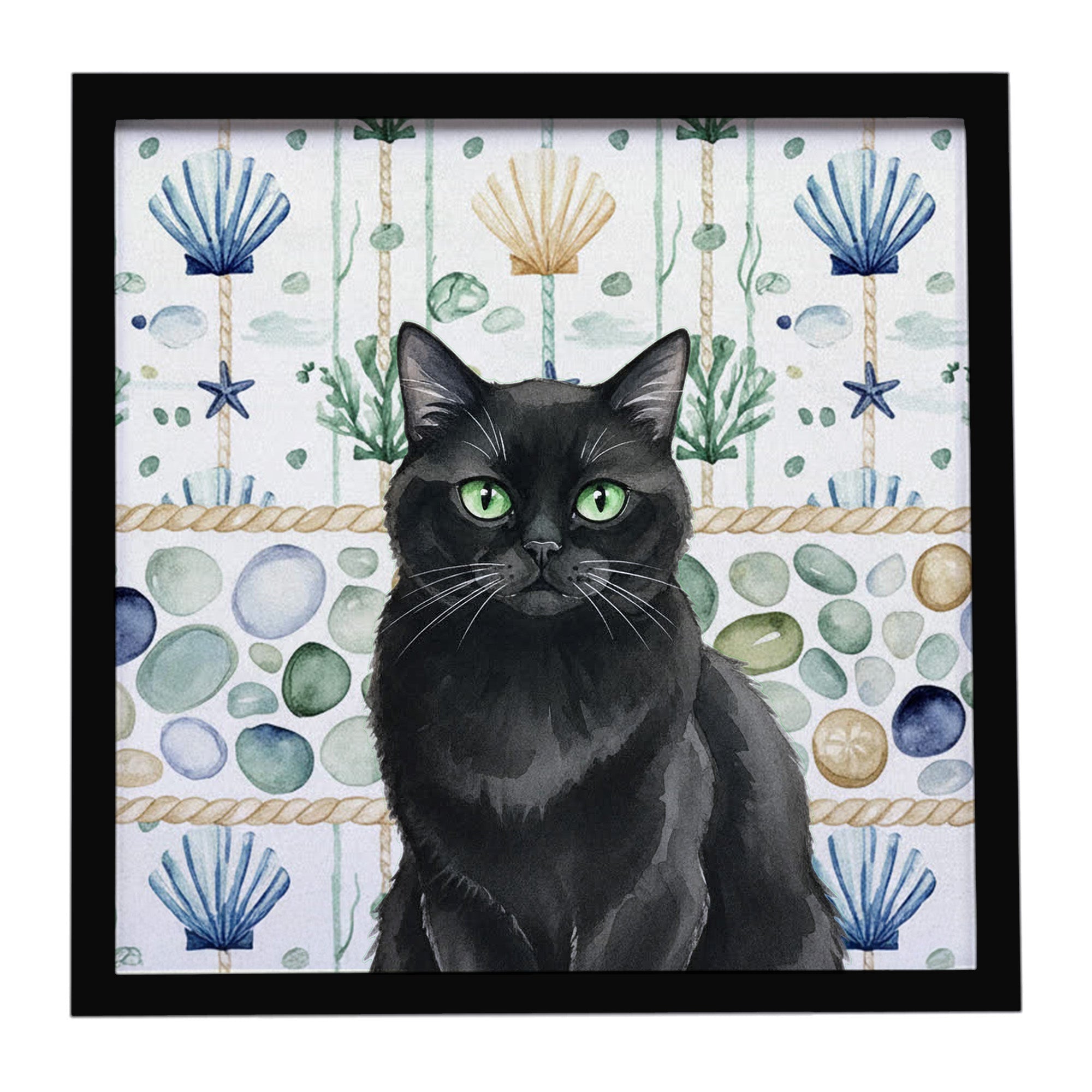 Persian Black Cat Coastal Sea Glass Framed Metal Print Bathroom, Kitchen, Office, Home Decor Wall Art Ready to Hang, Square, 8X8