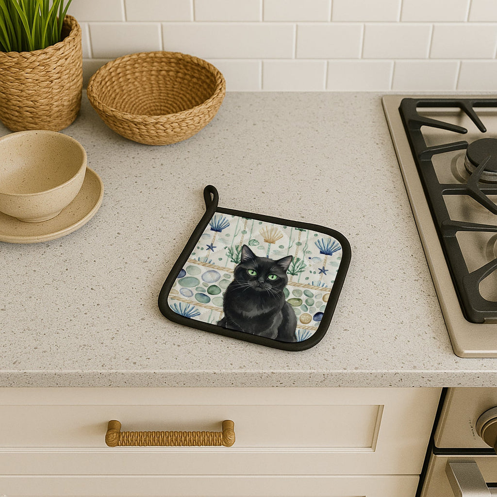 Persian Black Cat Coastal Sea Glass Pot Holder Set of 2 Heat Resistant Quilted Hot Pads 7.5 x 7.5 Inch, Insulated Kitchen Trivets for Cooking & Baking