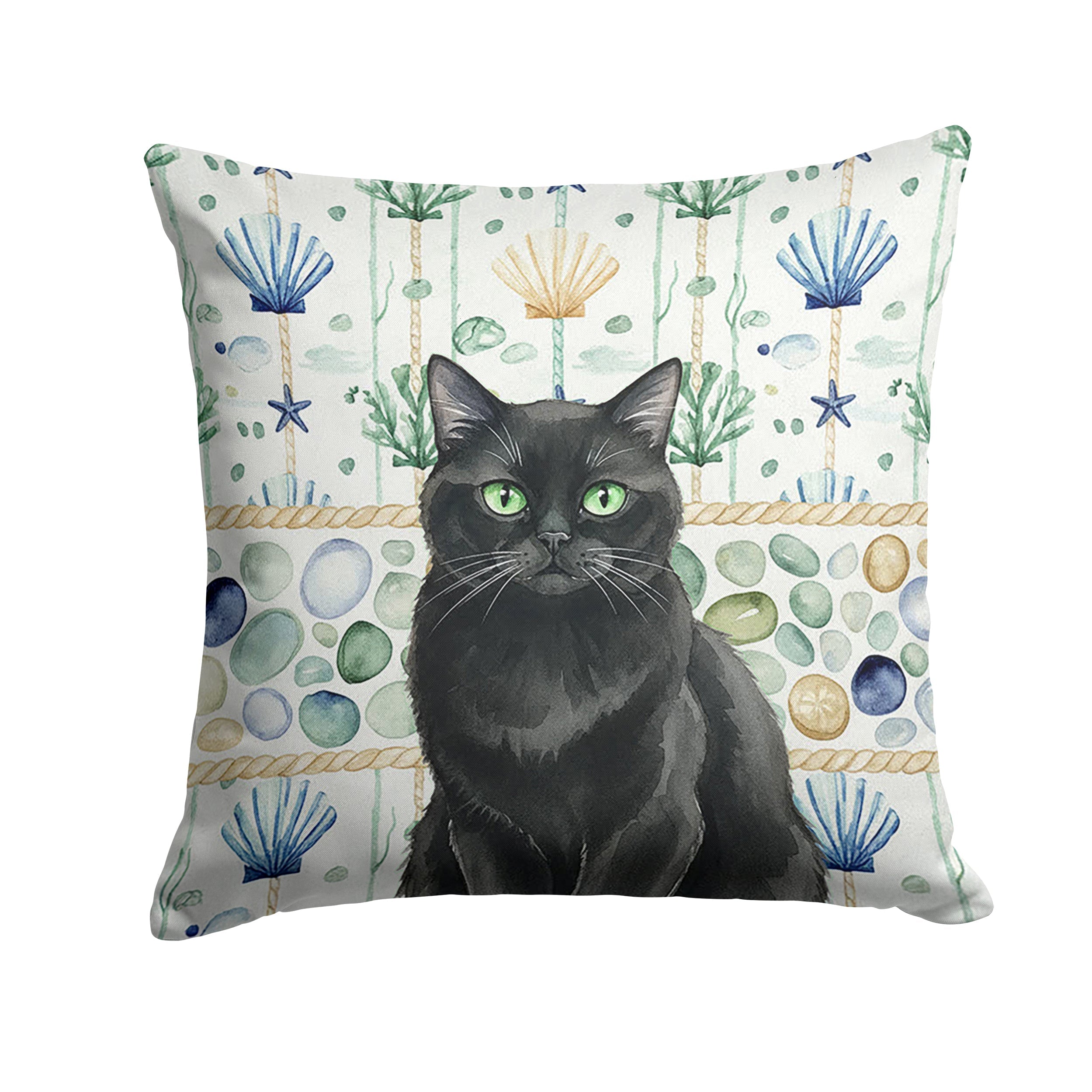 Persian Black Cat Coastal Sea Glass Decorative Throw Pillow 14x14 Indoor Outdoor Accent Cushion, Fabric Cover with Insert for Sofa, Bed, Porch & Living Room