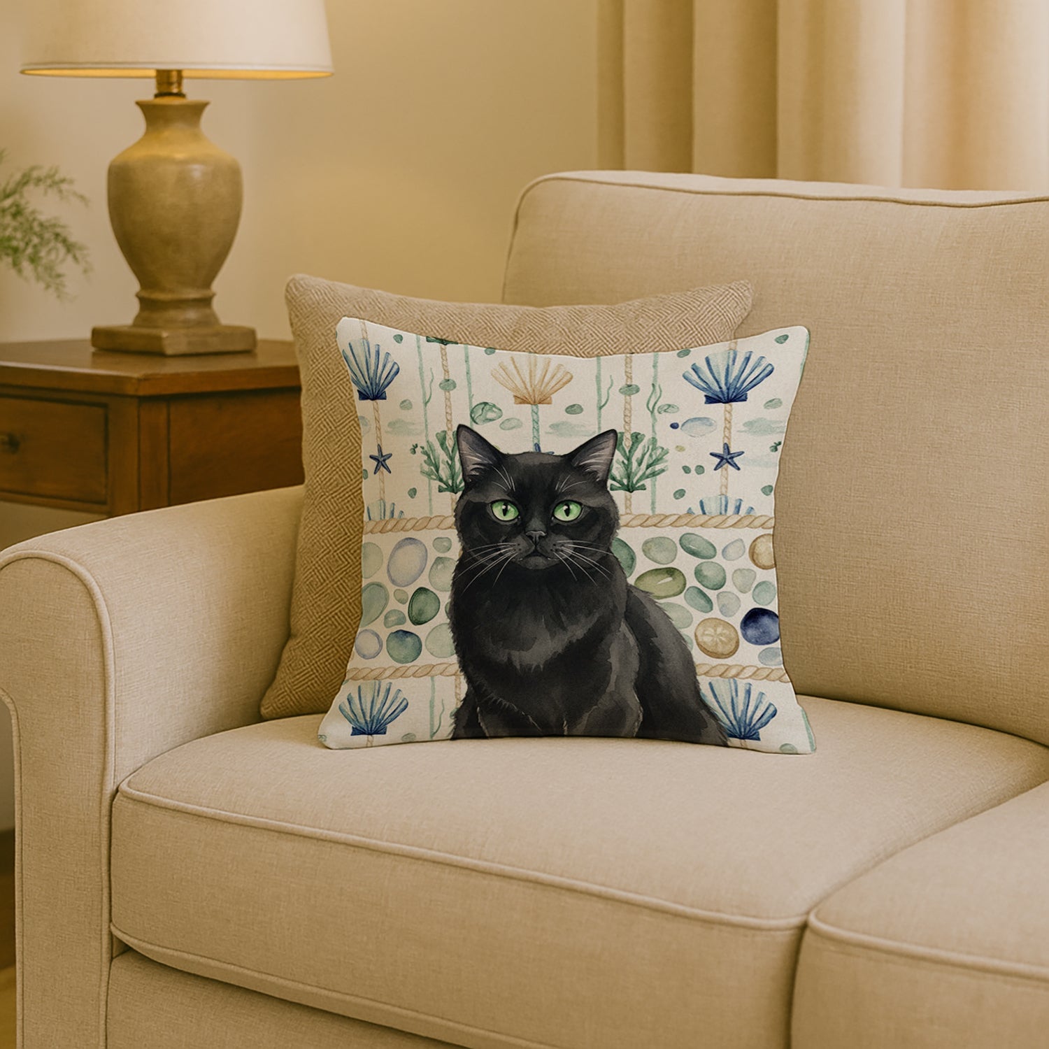 Persian Black Cat Coastal Sea Glass Decorative Throw Pillow 18x18 Indoor Outdoor Accent Cushion, Fabric Cover with Insert for Sofa, Bed, Porch & Living Room