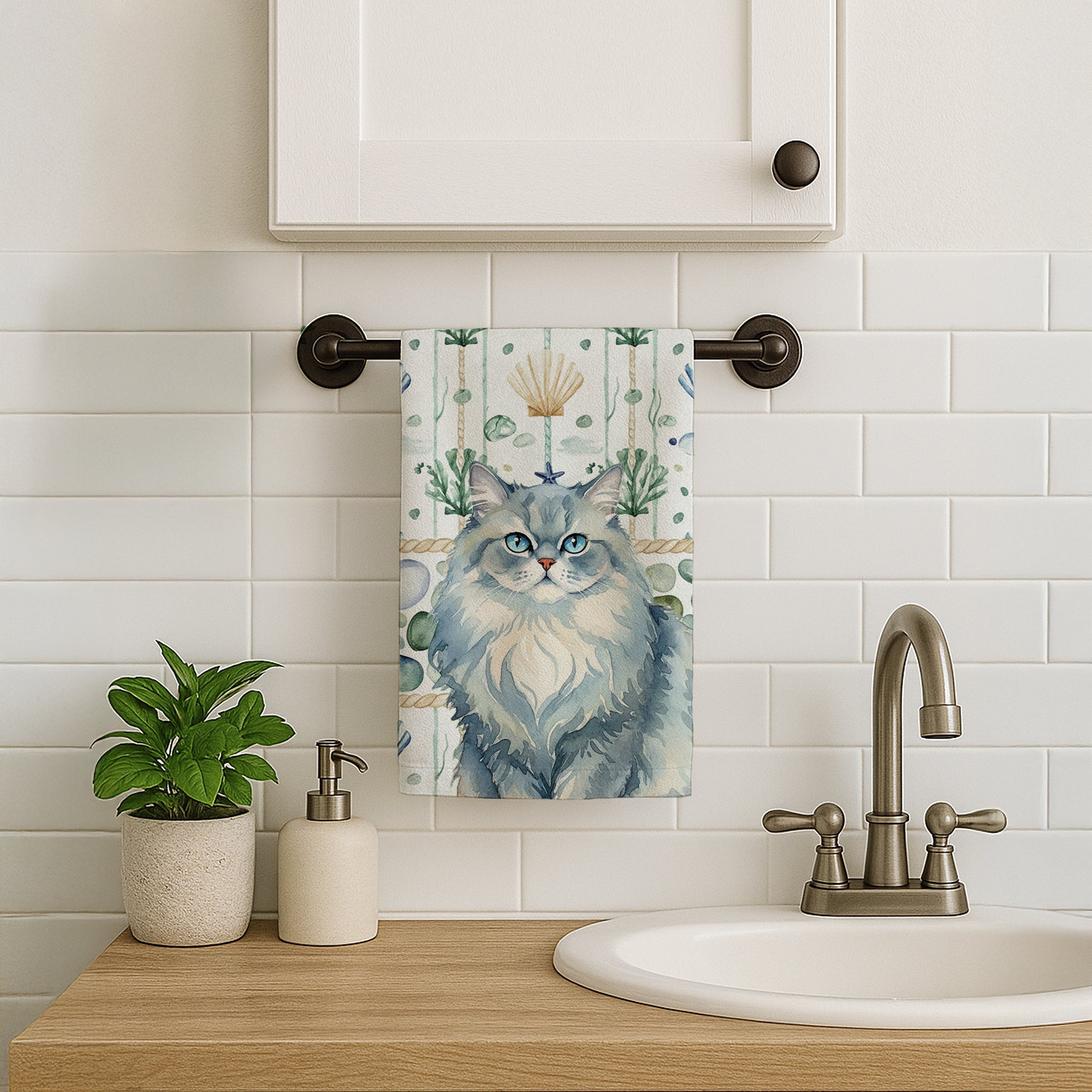 Persian Blue Cat Coastal Sea Glass Kitchen Towel Velour Plush Front and Cotton Loop Back Machine Washable