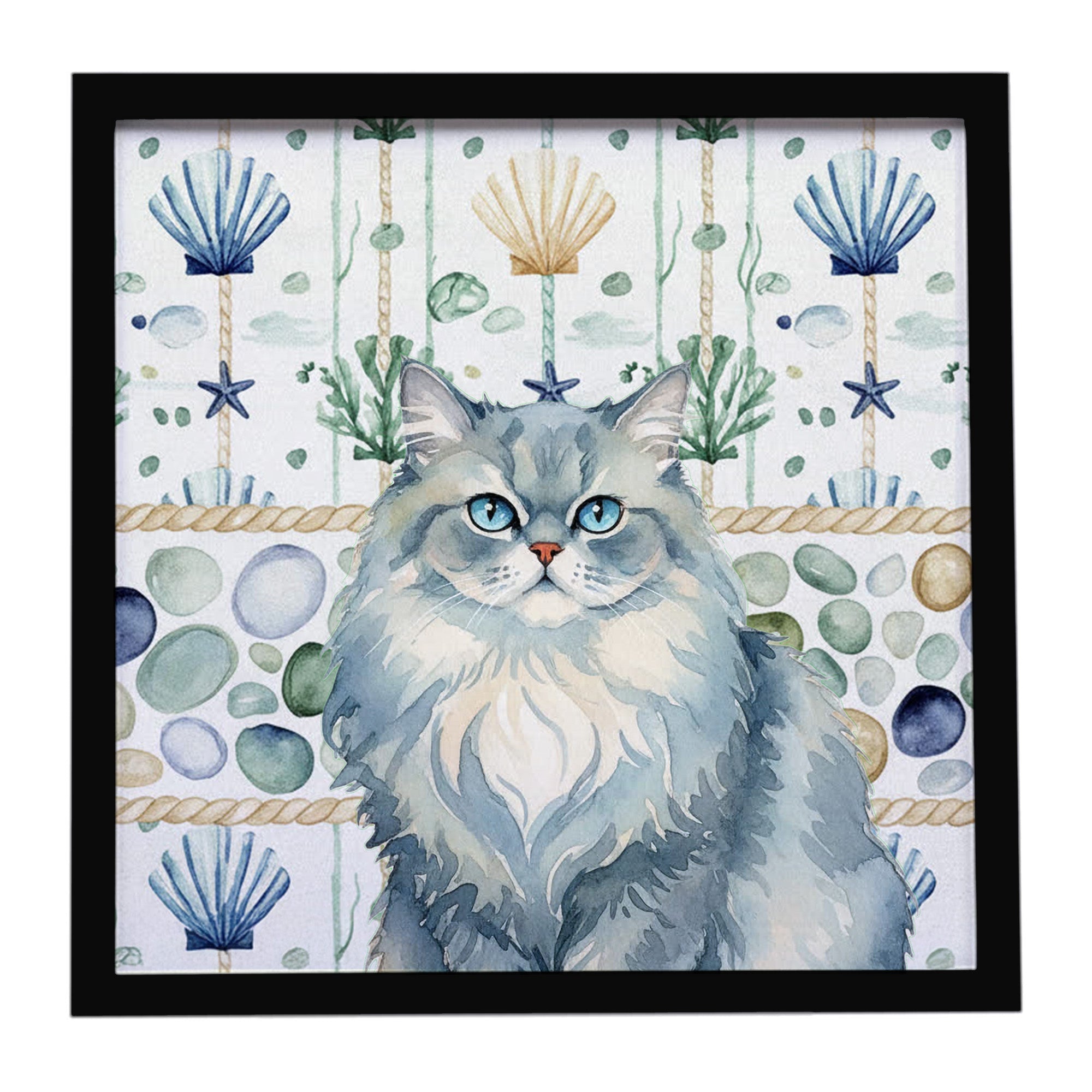 Persian Blue Cat Coastal Sea Glass Framed Metal Print Bathroom, Kitchen, Office, Home Decor Wall Art Ready to Hang, Square, 8X8