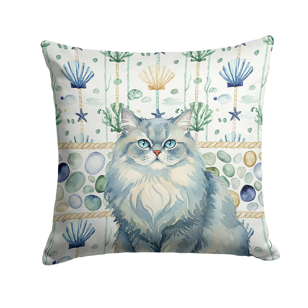 Persian Blue Cat Coastal Sea Glass Decorative Throw Pillow 18x18 Indoor Outdoor Accent Cushion, Fabric Cover with Insert for Sofa, Bed, Porch & Living Room