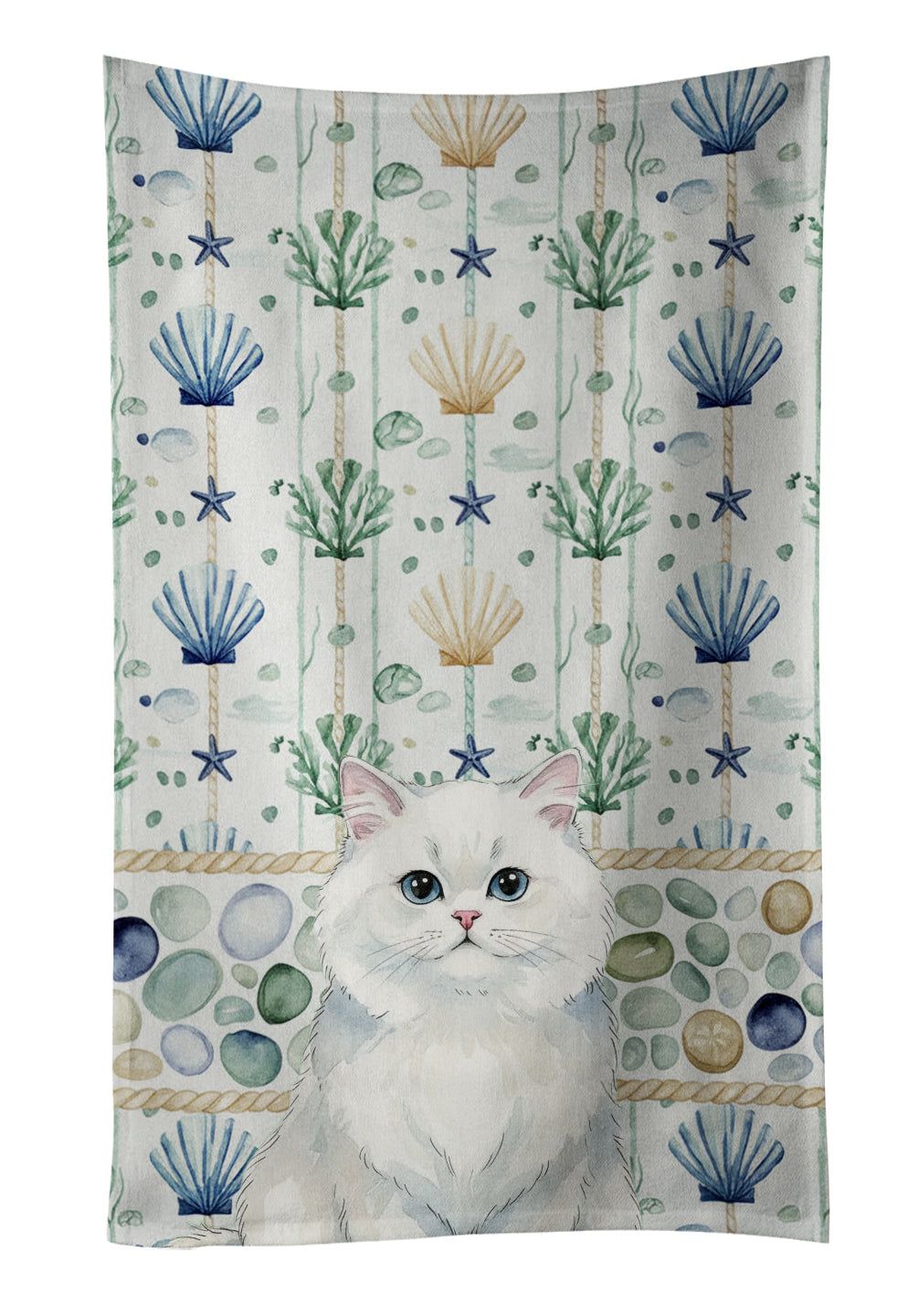 Persian White Cat Coastal Sea Glass Kitchen Towel Velour Plush Front and Cotton Loop Back Machine Washable
