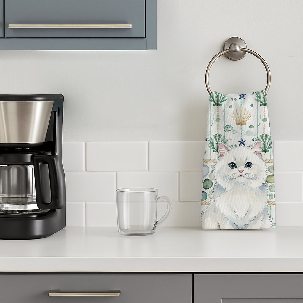 Persian White Cat Coastal Sea Glass Kitchen Towel Velour Plush Front and Cotton Loop Back Machine Washable