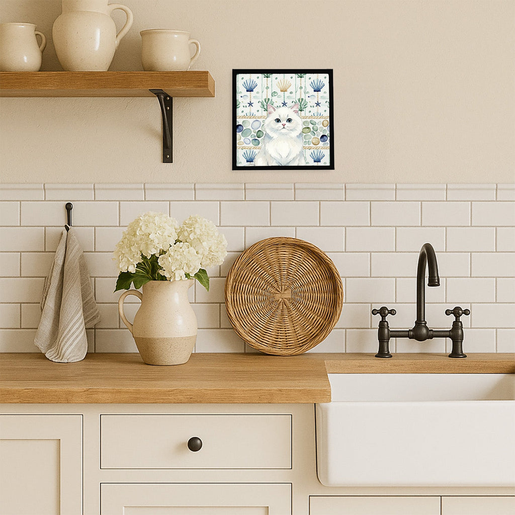 Persian White Cat Coastal Sea Glass Framed Metal Print Bathroom, Kitchen, Office, Home Decor Wall Art Ready to Hang, Square, 8X8