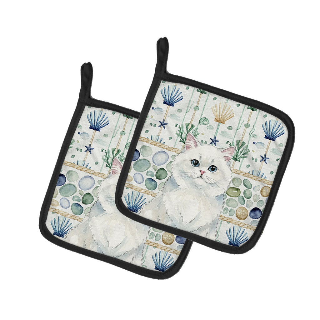 Persian White Cat Coastal Sea Glass Pot Holder Set of 2 Heat Resistant Quilted Hot Pads 7.5 x 7.5 Inch, Insulated Kitchen Trivets for Cooking & Baking