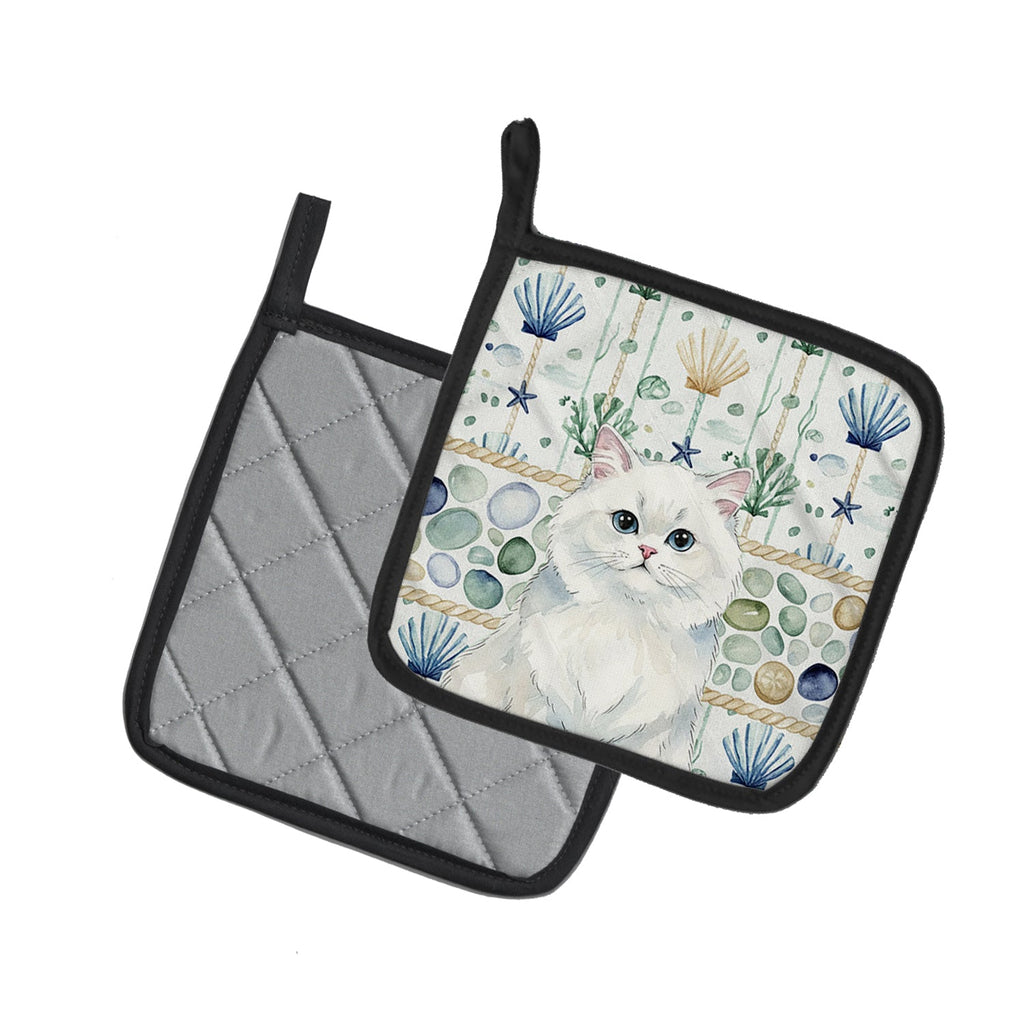 Persian White Cat Coastal Sea Glass Pot Holder Set of 2 Heat Resistant Quilted Hot Pads 7.5 x 7.5 Inch, Insulated Kitchen Trivets for Cooking & Baking