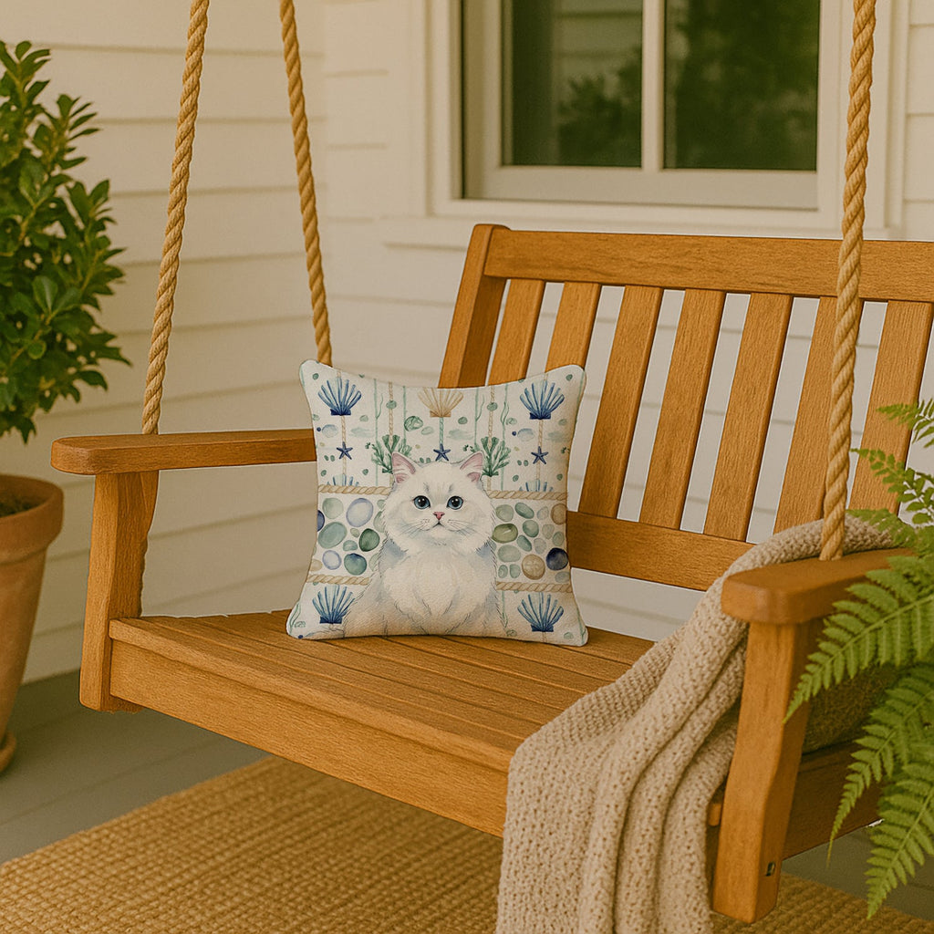 Persian White Cat Coastal Sea Glass Decorative Throw Pillow 14x14 Indoor Outdoor Accent Cushion, Fabric Cover with Insert for Sofa, Bed, Porch & Living Room