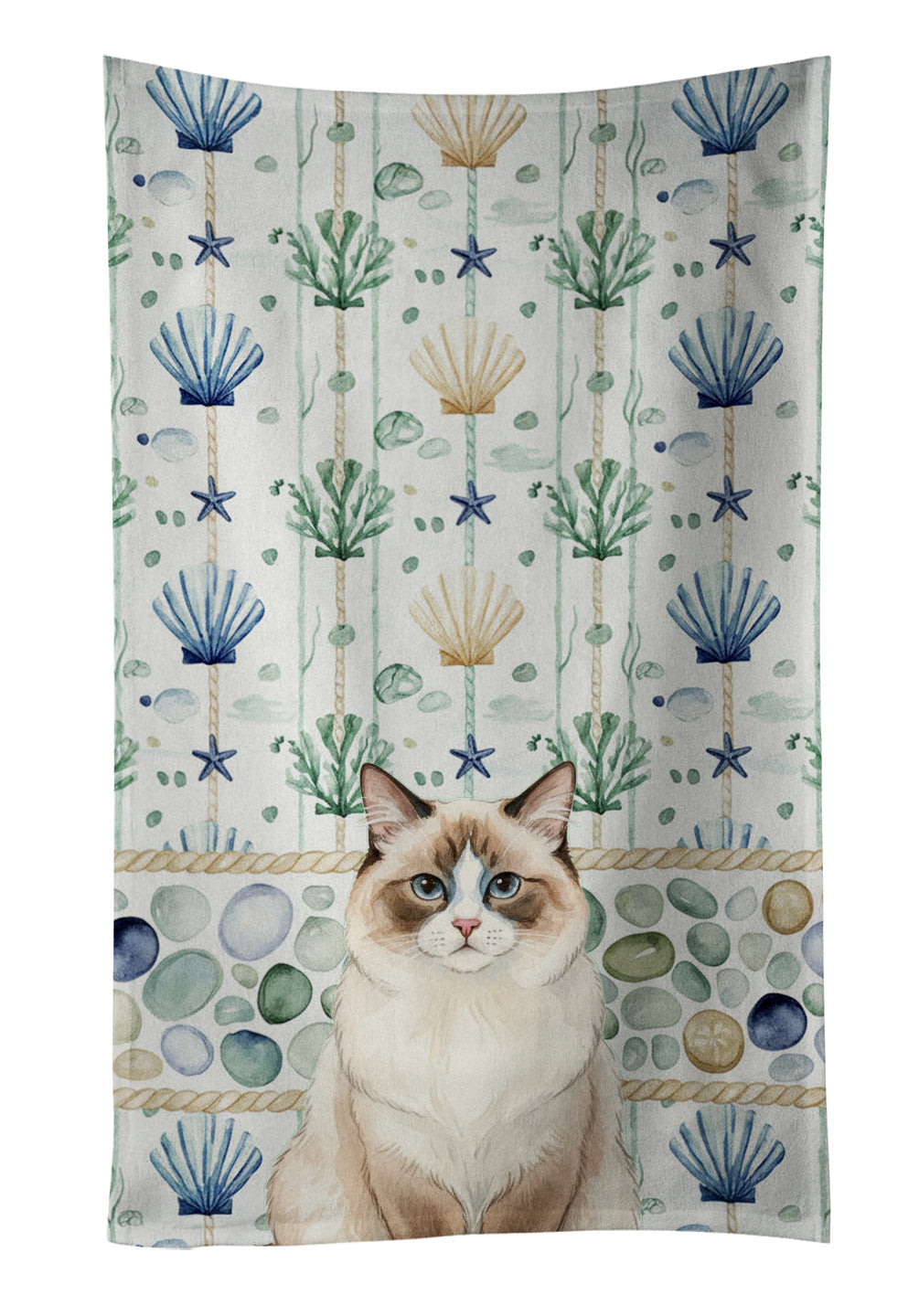 Ragdoll Bicolor Cat Coastal Sea Glass Kitchen Towel Velour Plush Front and Cotton Loop Back Machine Washable