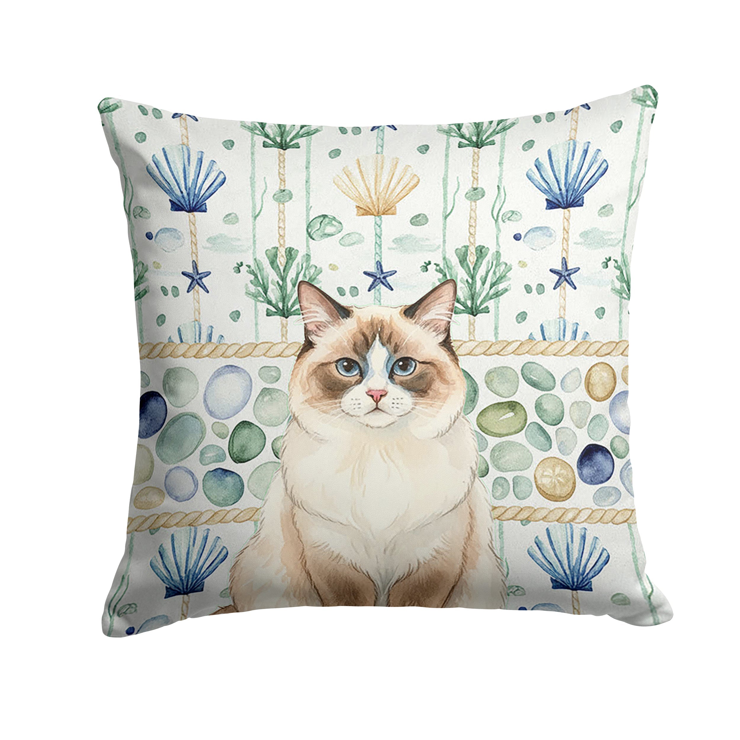 Ragdoll Bicolor Cat Coastal Sea Glass Decorative Throw Pillow 14x14 Indoor Outdoor Accent Cushion, Fabric Cover with Insert for Sofa, Bed, Porch & Living Room