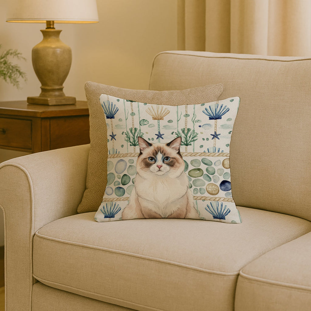 Ragdoll Bicolor Cat Coastal Sea Glass Decorative Throw Pillow 18x18 Indoor Outdoor Accent Cushion, Fabric Cover with Insert for Sofa, Bed, Porch & Living Room