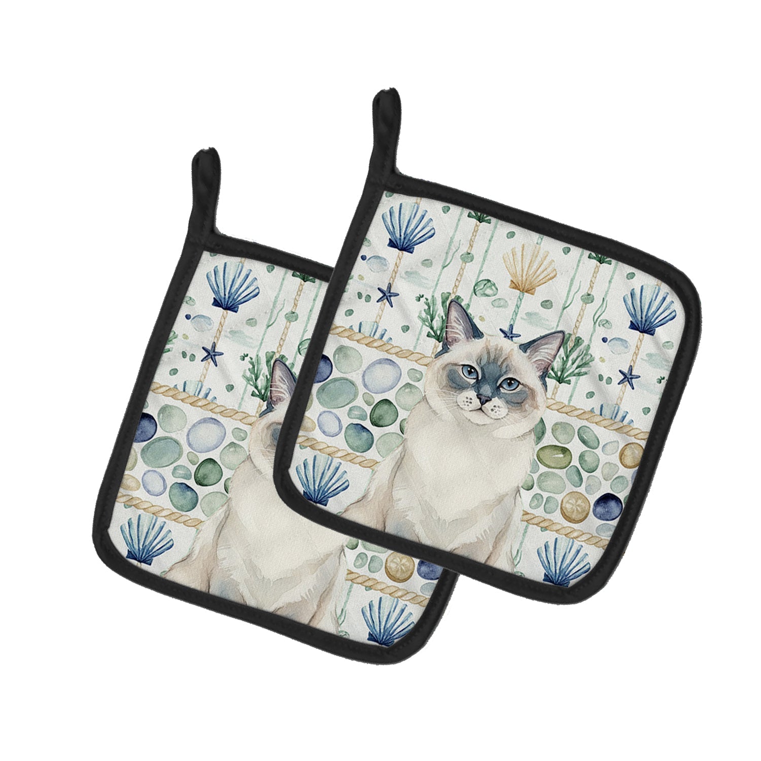 Ragdoll Blue Point Cat Coastal Sea Glass Pot Holder Set of 2 Heat Resistant Quilted Hot Pads 7.5 x 7.5 Inch, Insulated Kitchen Trivets for Cooking & Baking