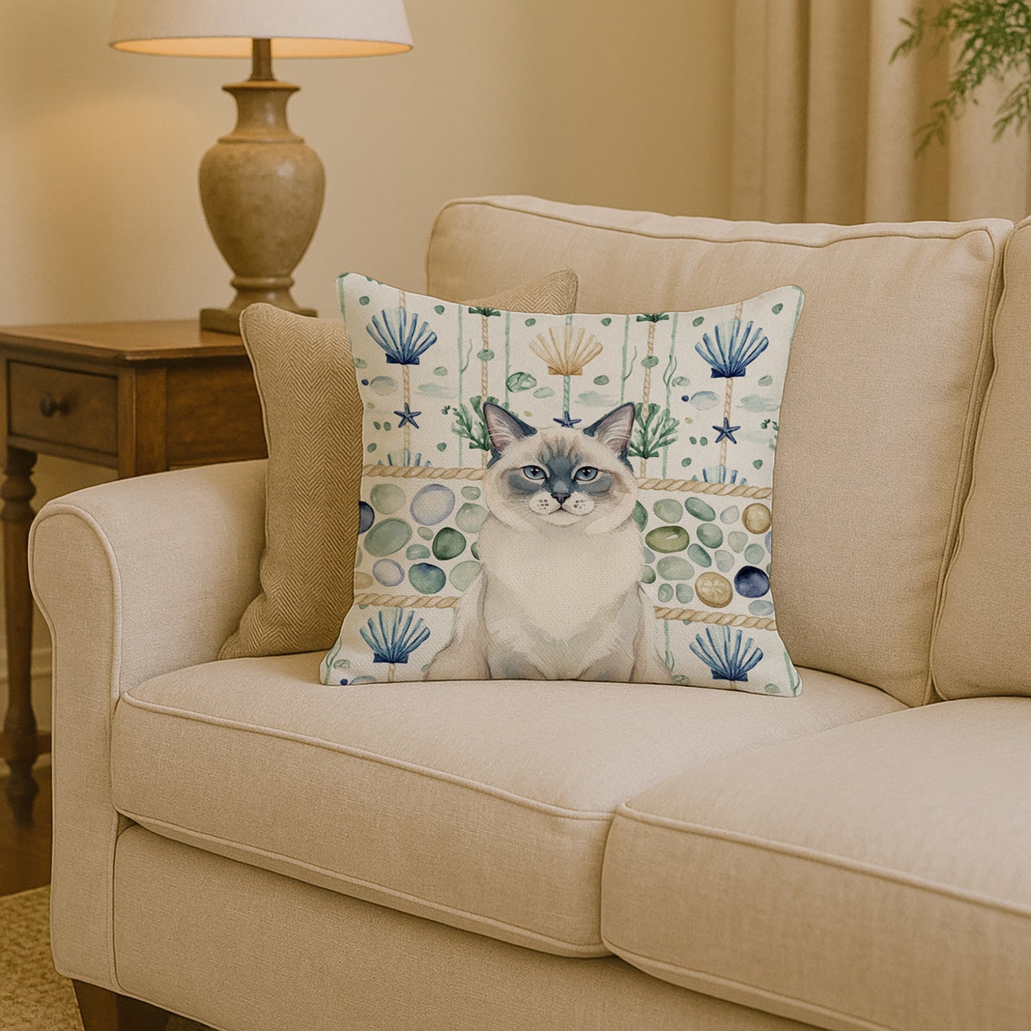 Ragdoll Blue Point Cat Coastal Sea Glass Decorative Throw Pillow 14x14 Indoor Outdoor Accent Cushion, Fabric Cover with Insert for Sofa, Bed, Porch & Living Room